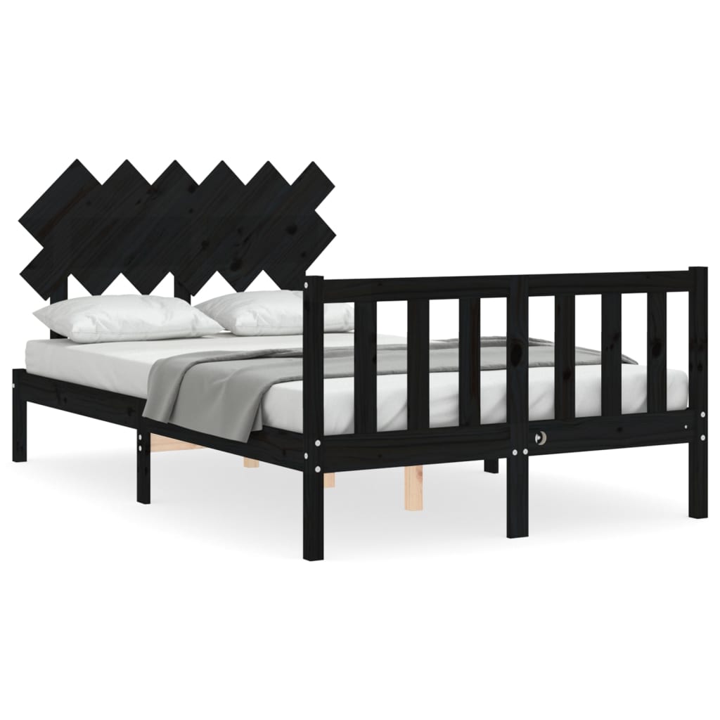 Bed Frame with Headboard Black Double Solid Wood