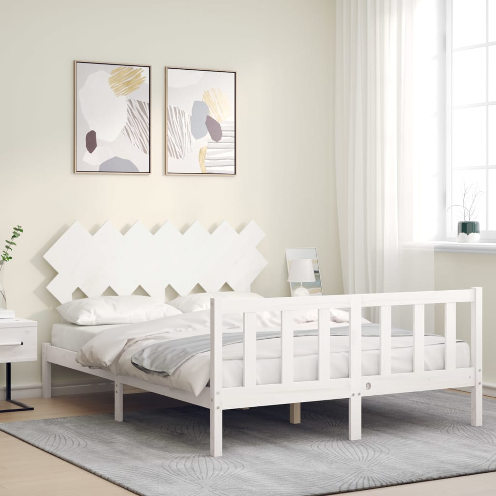 Bed Frame with Headboard White King Size Solid Wood