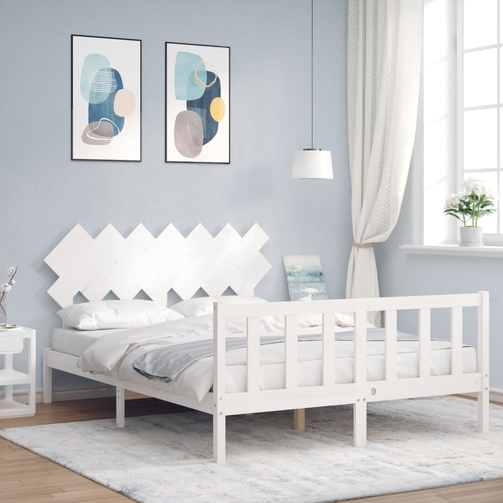 Bed Frame with Headboard White King Size Solid Wood