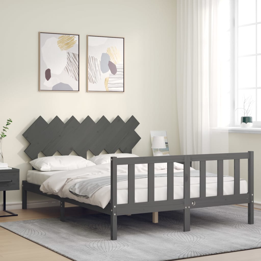 Bed Frame with Headboard Grey King Size Solid Wood