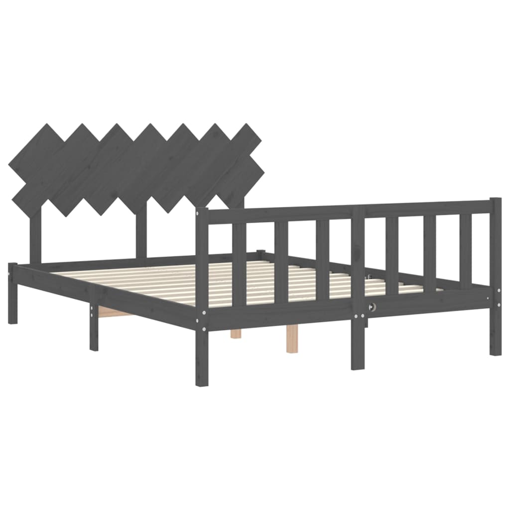 Bed Frame with Headboard Grey King Size Solid Wood