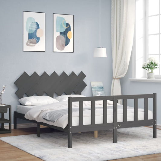 Bed Frame with Headboard Grey King Size Solid Wood