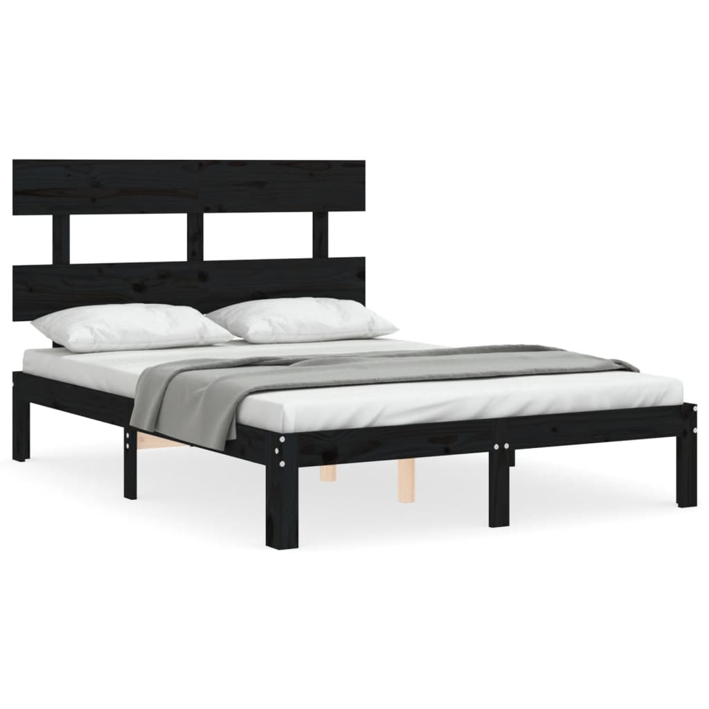 Bed Frame with Headboard Black Double Solid Wood