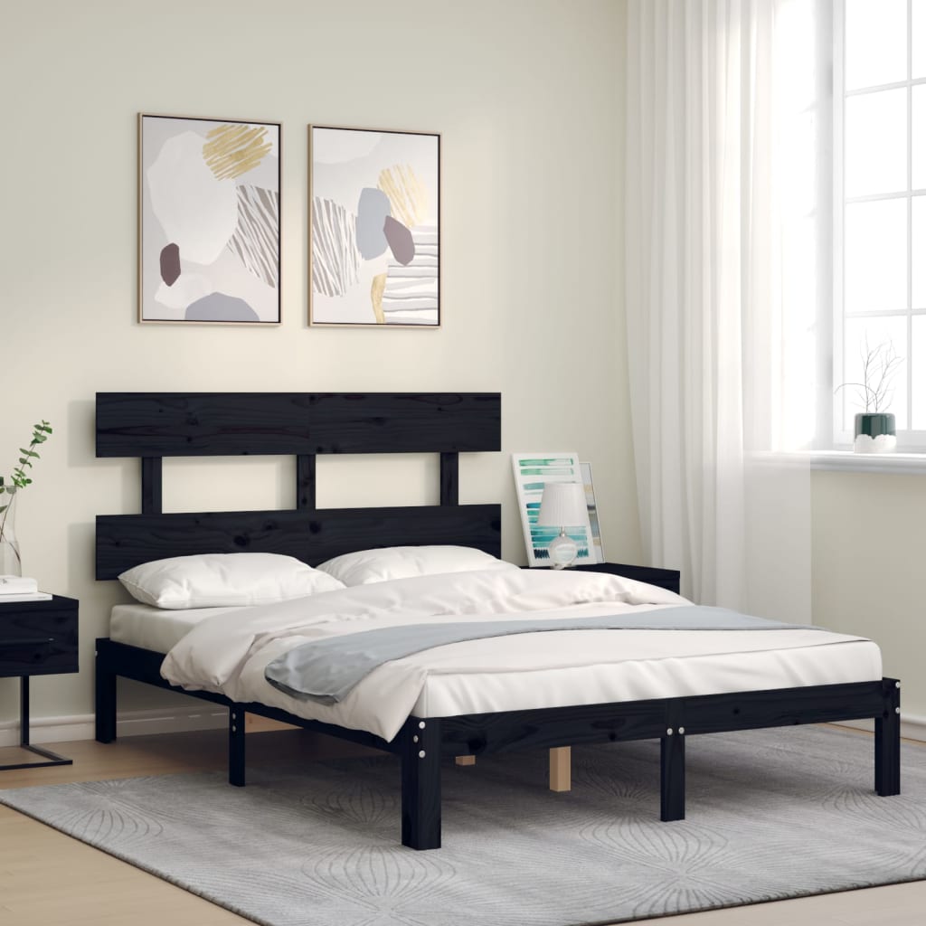 Bed Frame with Headboard Black Double Solid Wood