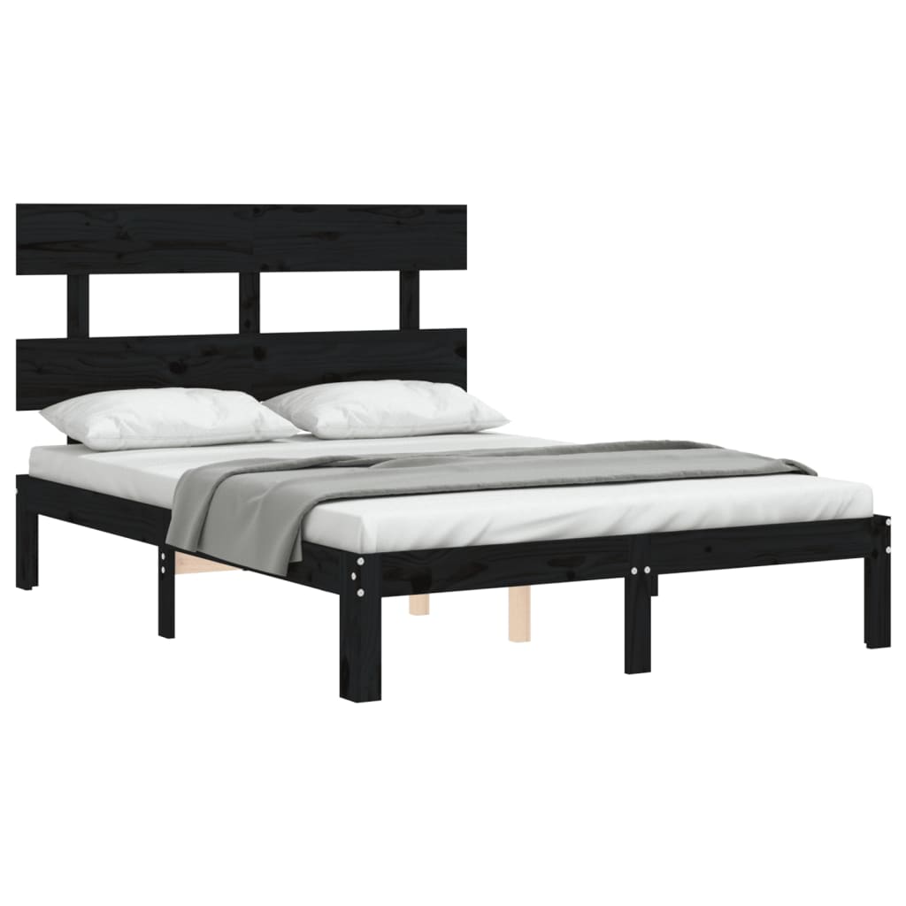 Bed Frame with Headboard Black Double Solid Wood