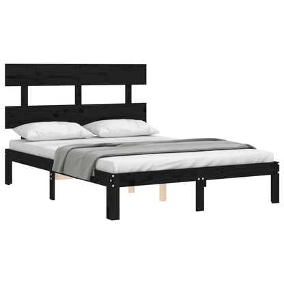 Bed Frame with Headboard Black Double Solid Wood