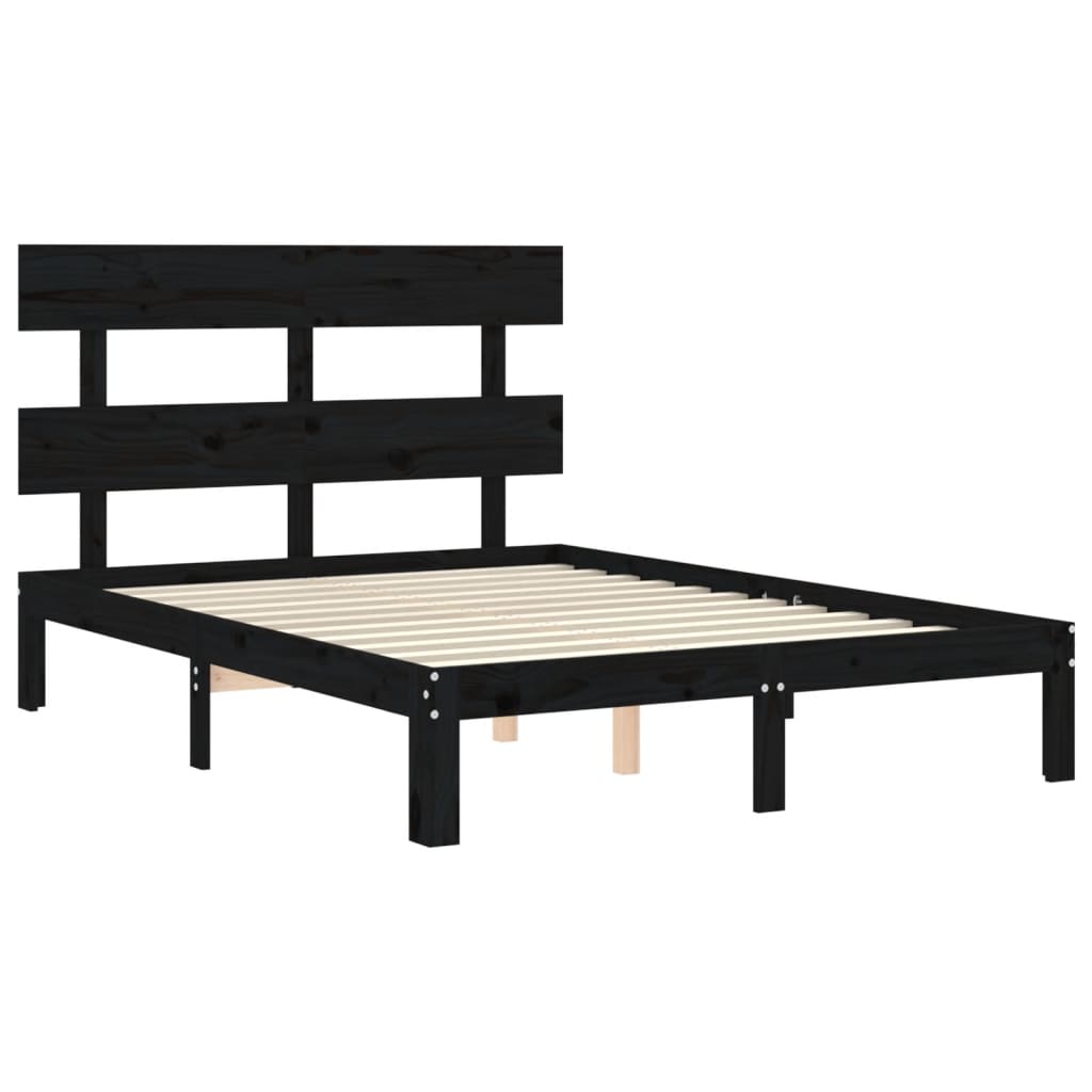 Bed Frame with Headboard Black Double Solid Wood