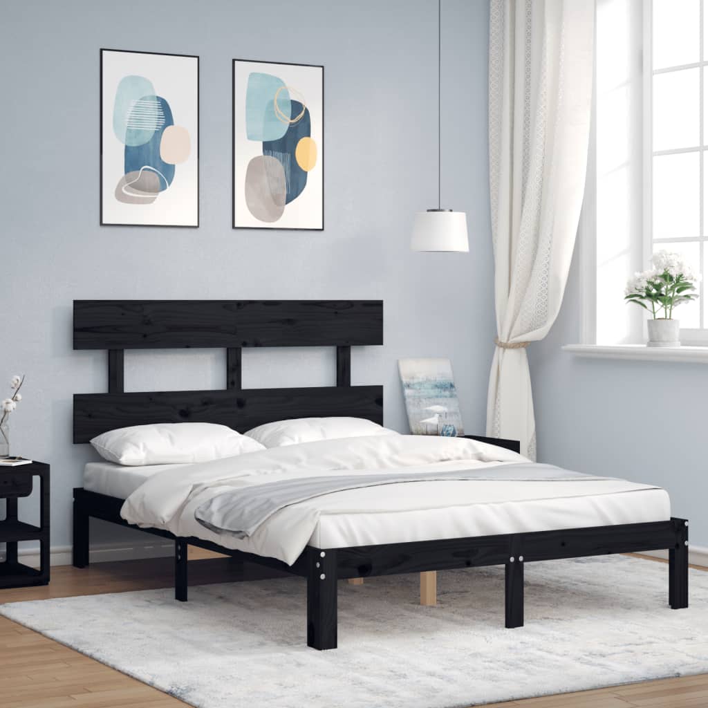 Bed Frame with Headboard Black Double Solid Wood