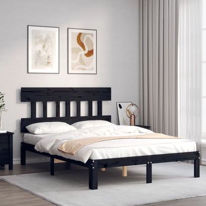 Bed Frame without Mattress Black Double Solid Wood Pine