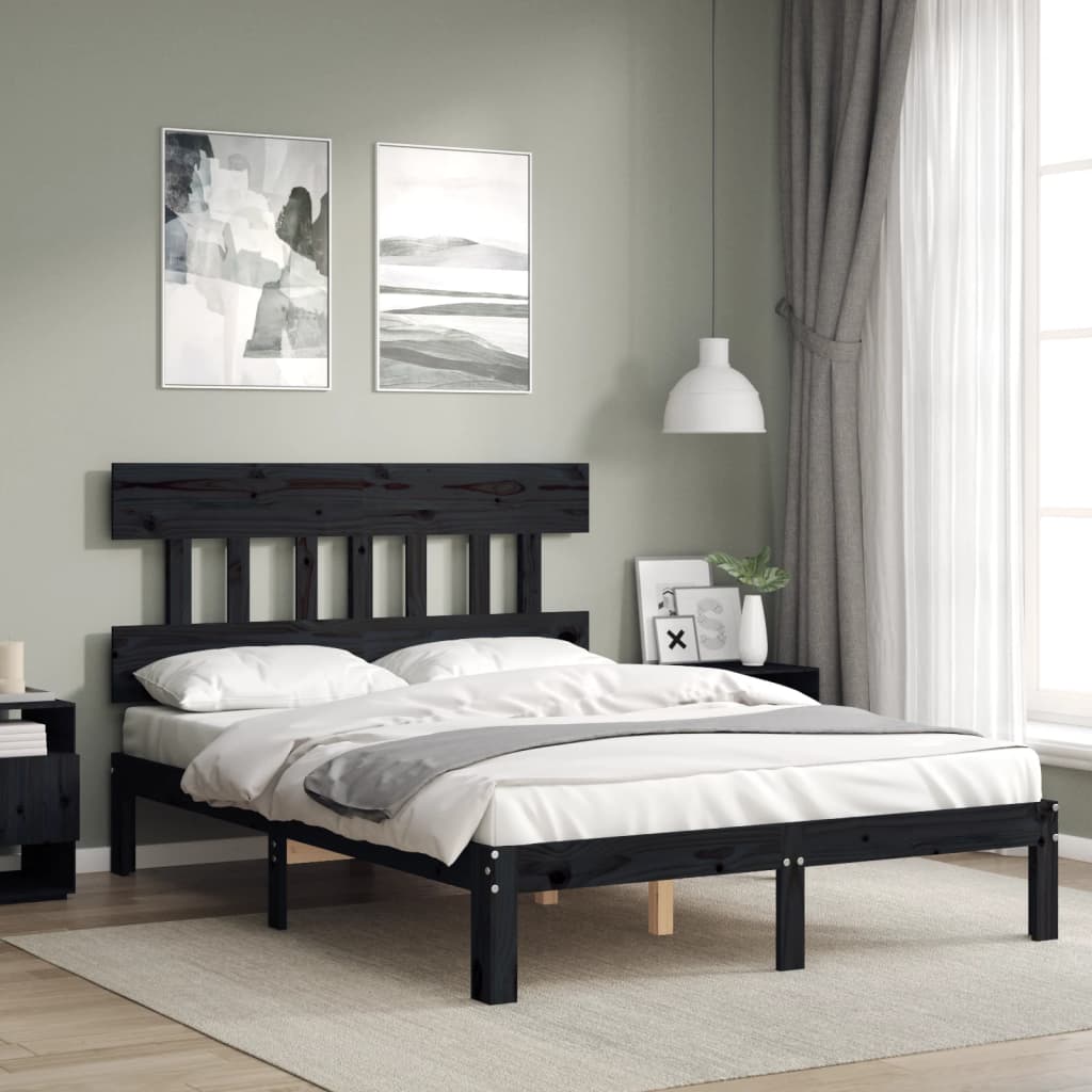 Bed Frame without Mattress Black Double Solid Wood Pine