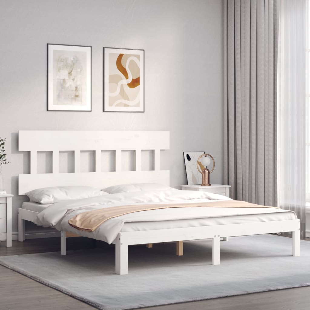 Bed Frame with Headboard White King Size Solid Wood