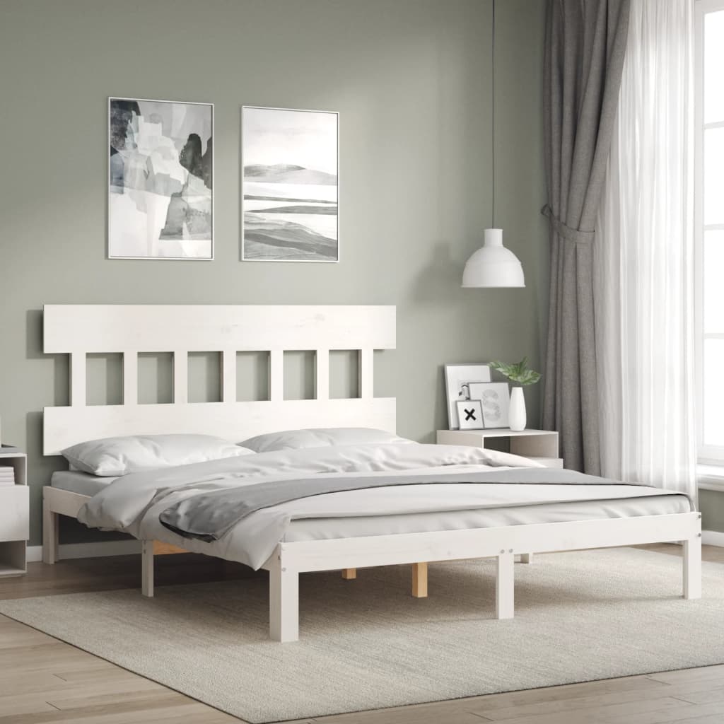 Bed Frame with Headboard White King Size Solid Wood