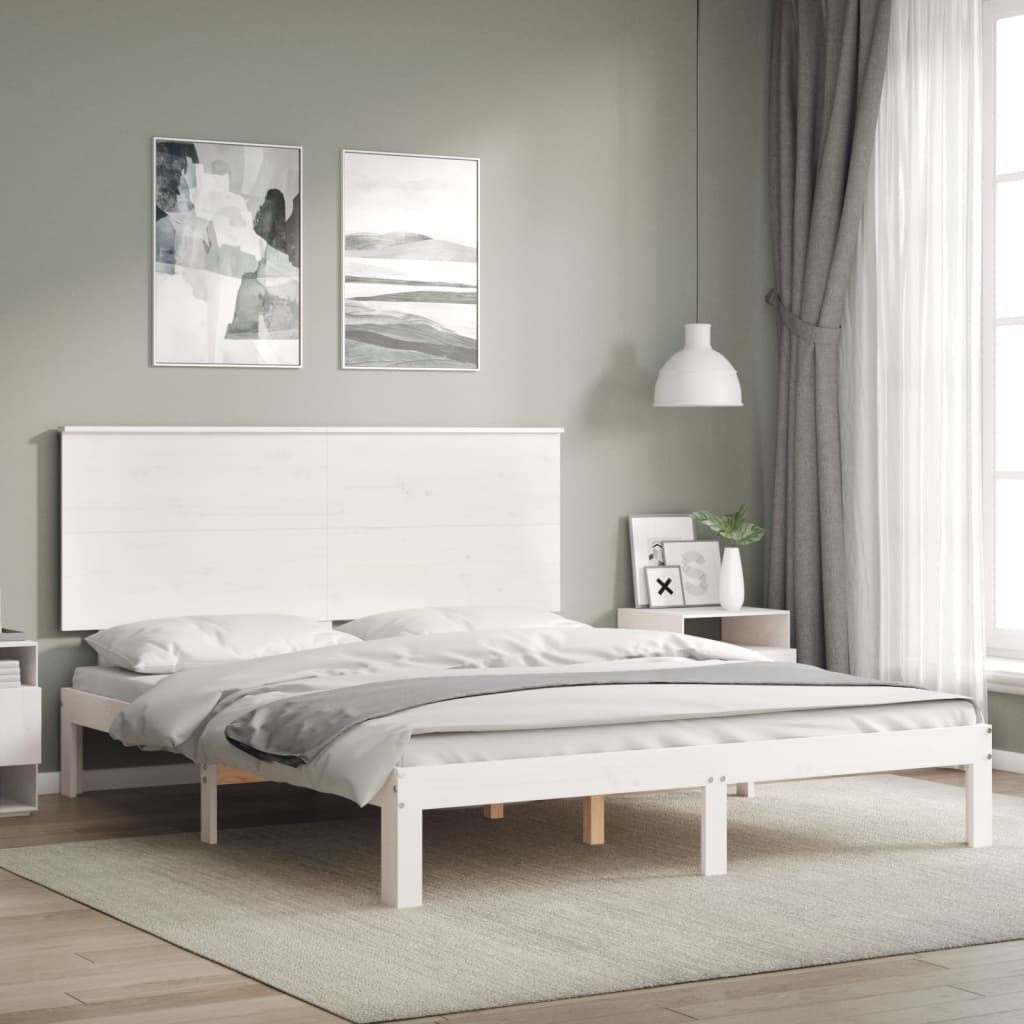 Bed Frame with Headboard White King Size Solid Wood