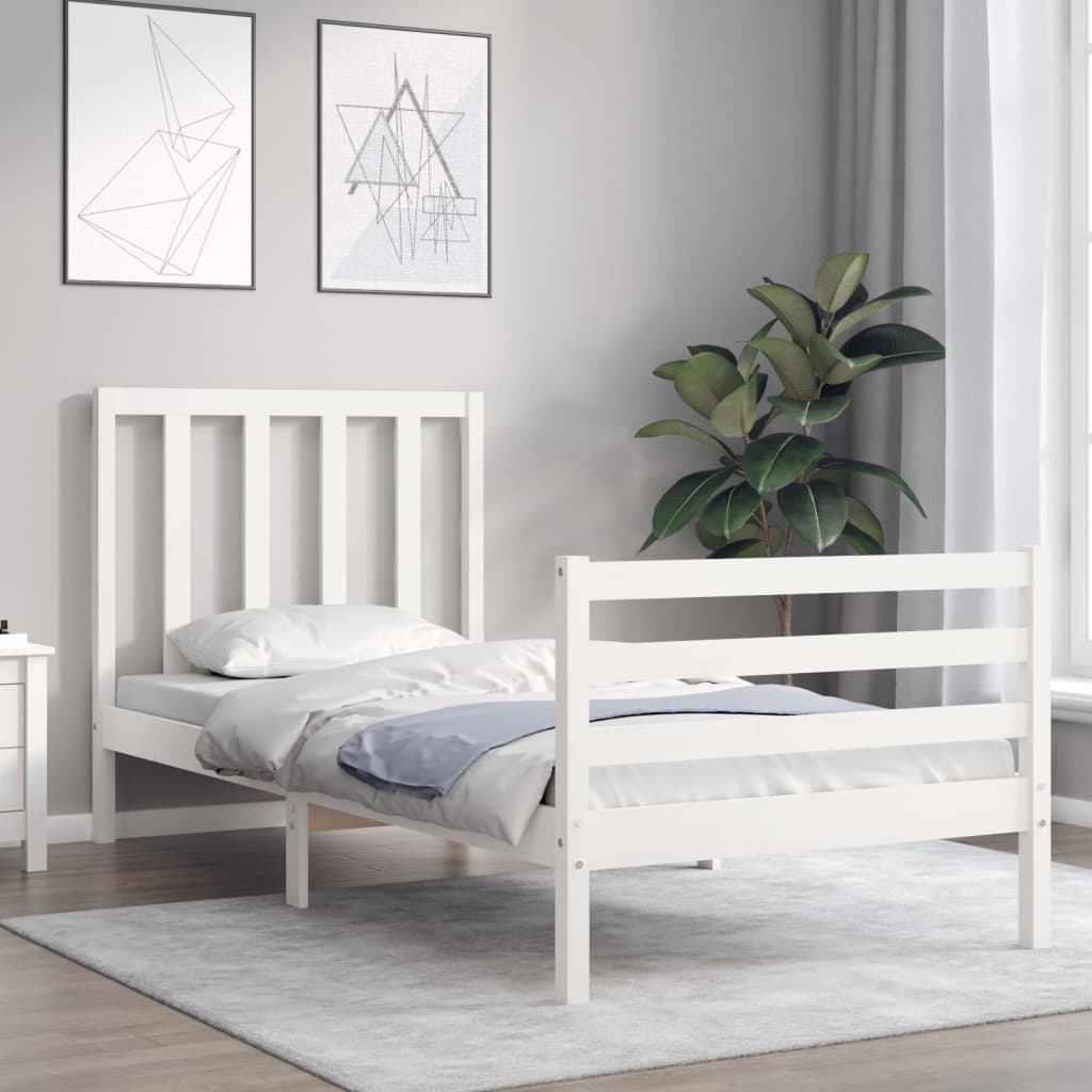 Bed Frame with Headboard White Single Solid Wood