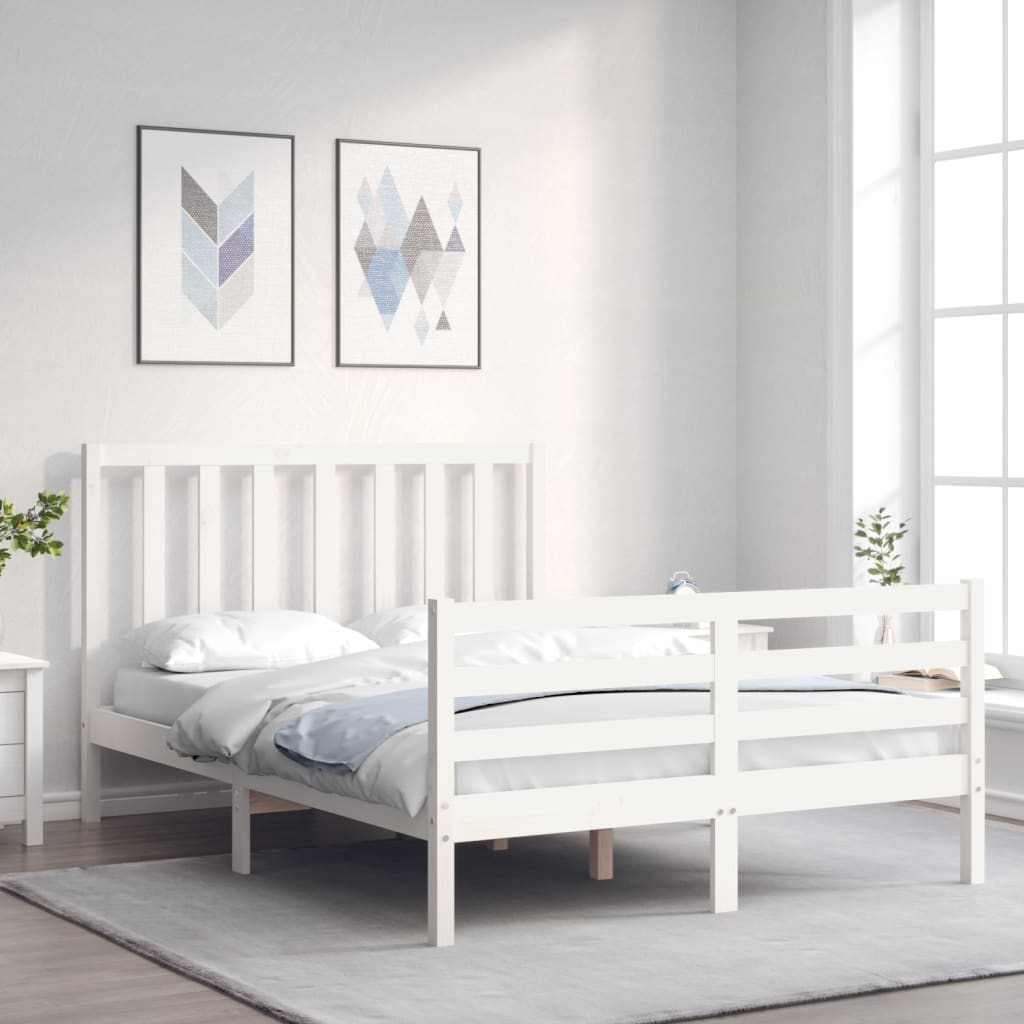 Bed Frame with Headboard White Small Double Solid Wood