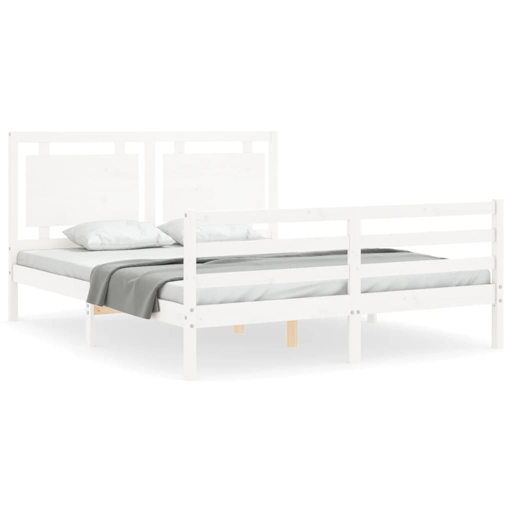 Bed Frame with Headboard White King Size Solid Wood