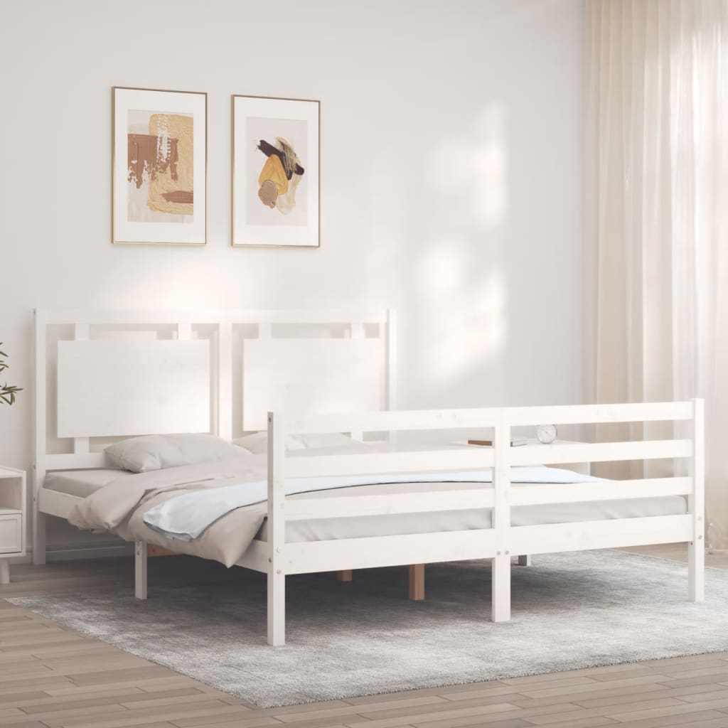 Bed Frame with Headboard White King Size Solid Wood