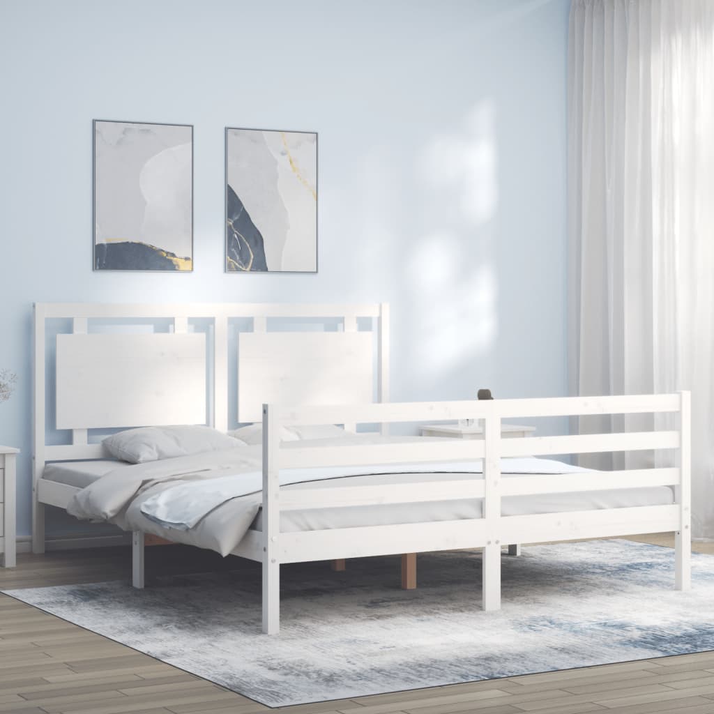 Bed Frame with Headboard White King Size Solid Wood