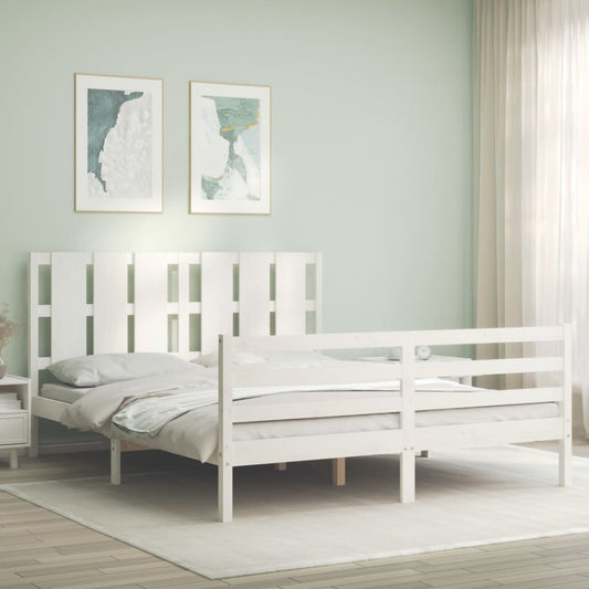 Bed Frame with Headboard White King Size Solid Wood