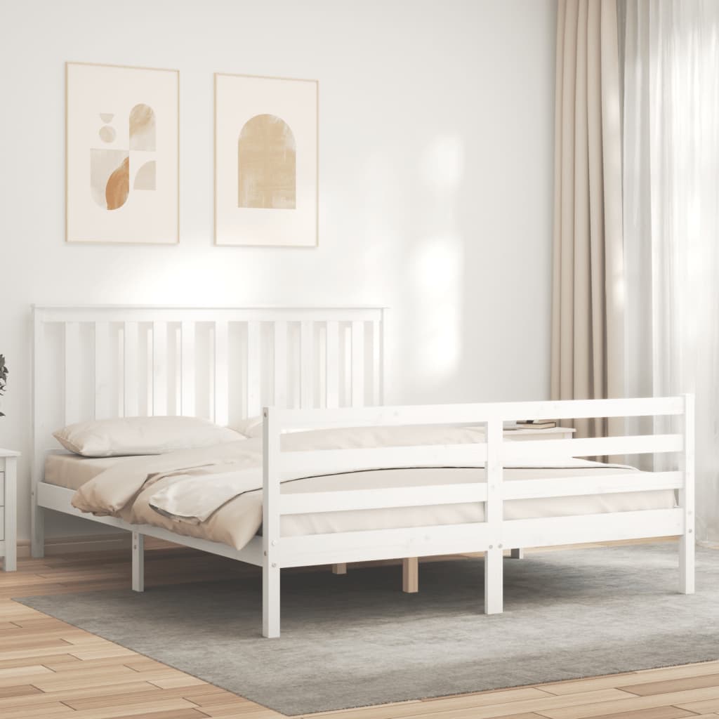 Bed Frame with Headboard White King Size Solid Wood