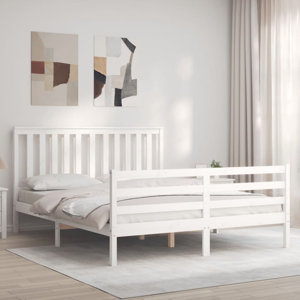 Bed Frame with Headboard White King Size Solid Wood