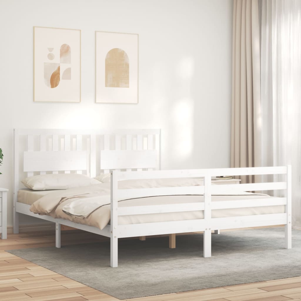 Bed Frame with Headboard White King Size Solid Wood