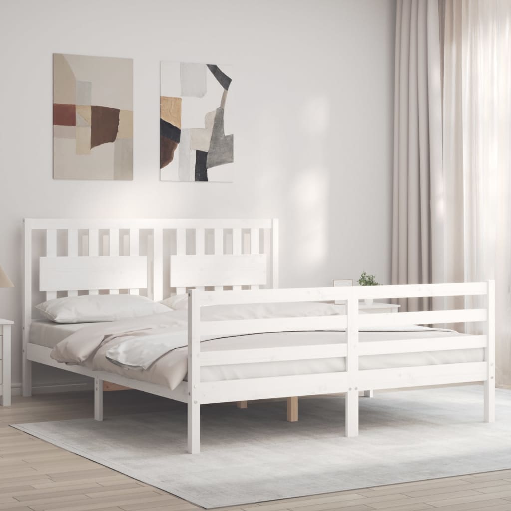 Bed Frame with Headboard White King Size Solid Wood