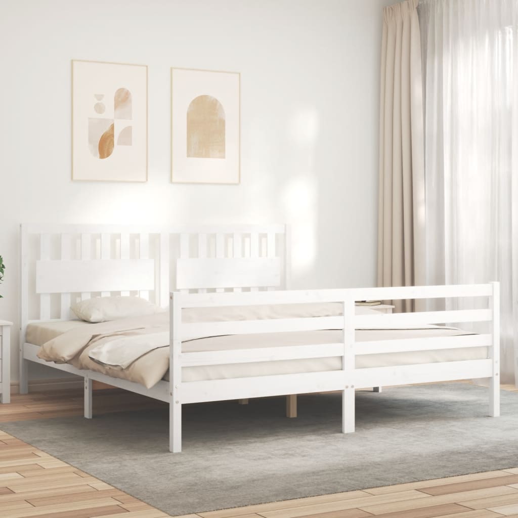 Bed Frame with Headboard White Super King Size Solid Wood