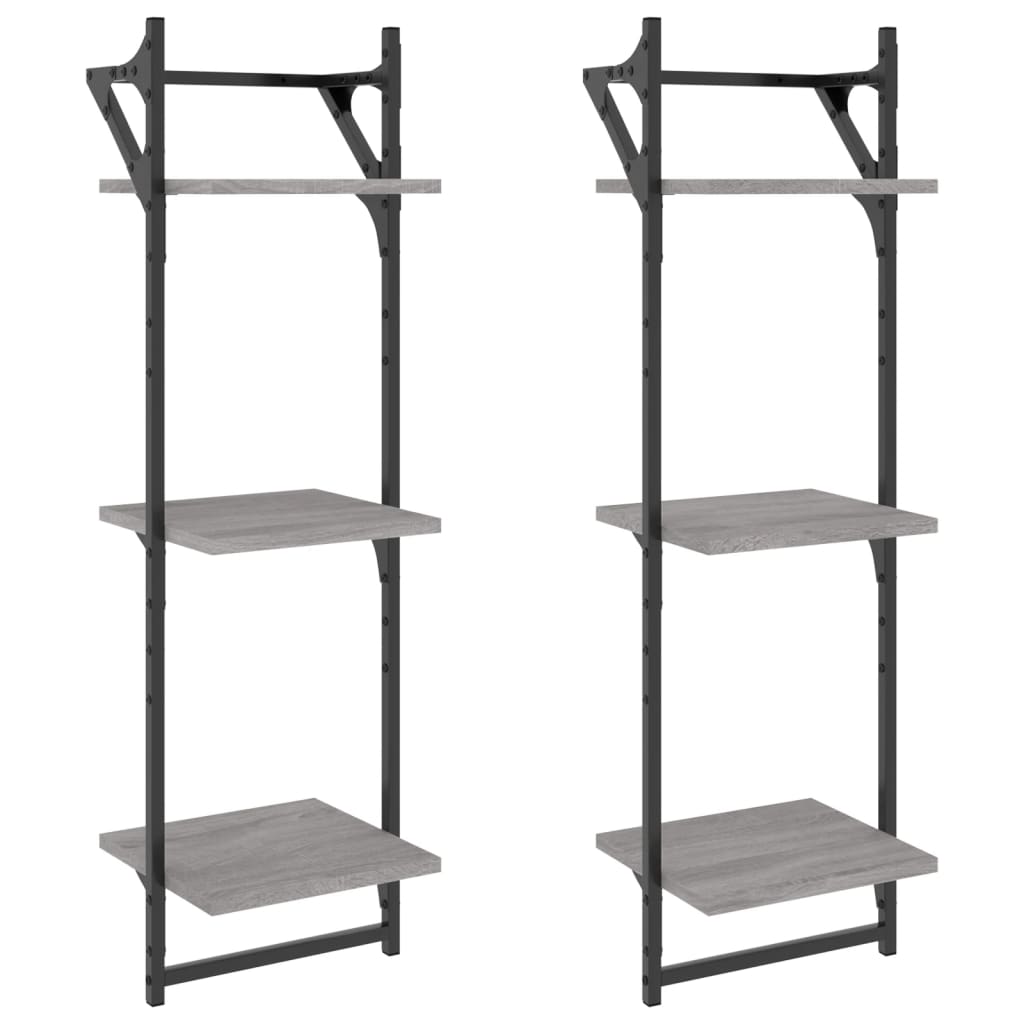 3-Tier Wall Shelves with Bars 2 pcs Grey Sonoma 30x25x100 cm