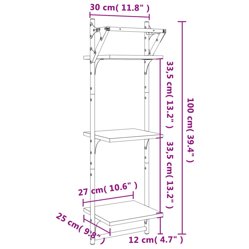 3-Tier Wall Shelves with Bars 2 pcs Grey Sonoma 30x25x100 cm