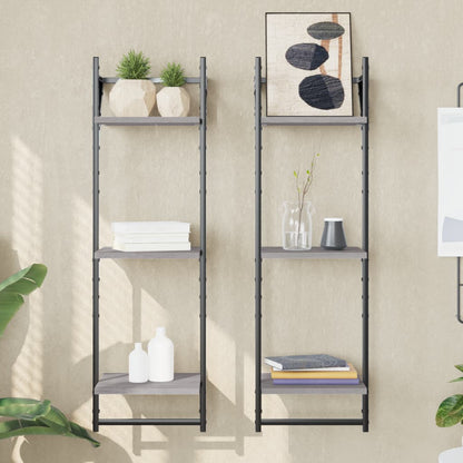 3-Tier Wall Shelves with Bars 2 pcs Grey Sonoma 30x25x100 cm