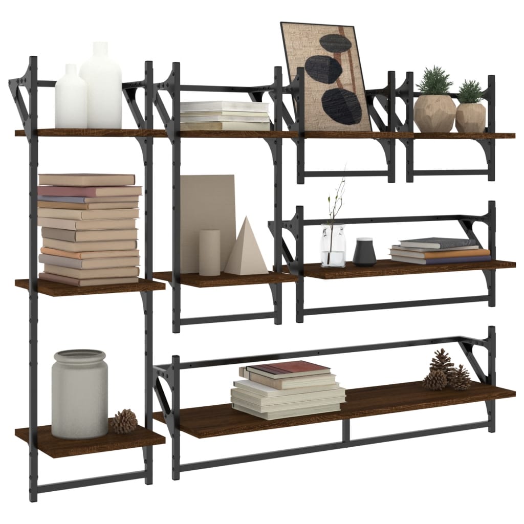 6 Piece Wall Shelf Set with Bars Brown Oak Engineered Wood