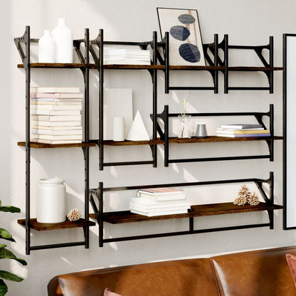 6 Piece Wall Shelf Set with Bars Brown Oak Engineered Wood