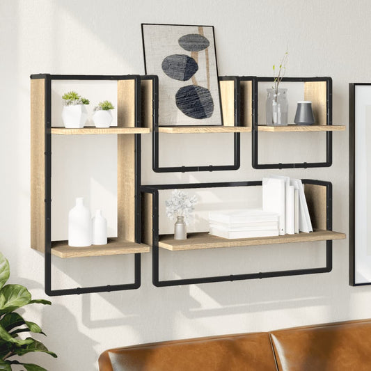 4 Piece Wall Shelf Set with Bars Sonoma Oak Engineered Wood