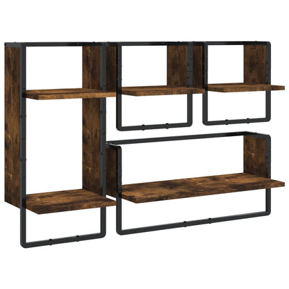 4 Piece Wall Shelf Set with Bars Smoked Oak Engineered Wood