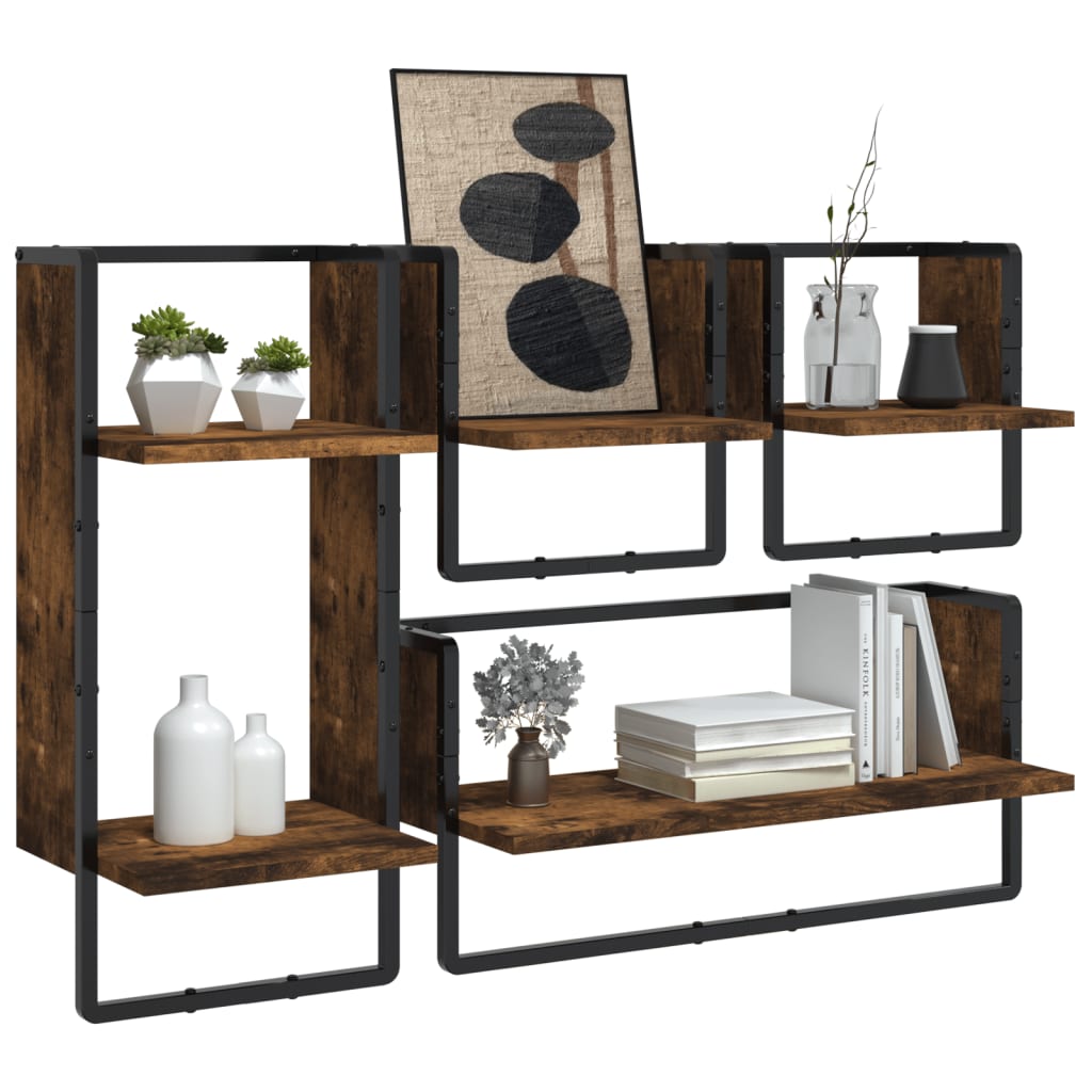 4 Piece Wall Shelf Set with Bars Smoked Oak Engineered Wood