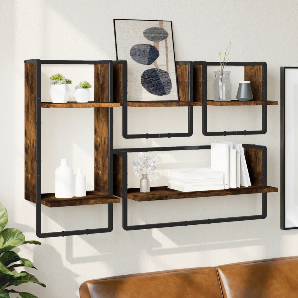 4 Piece Wall Shelf Set with Bars Smoked Oak Engineered Wood