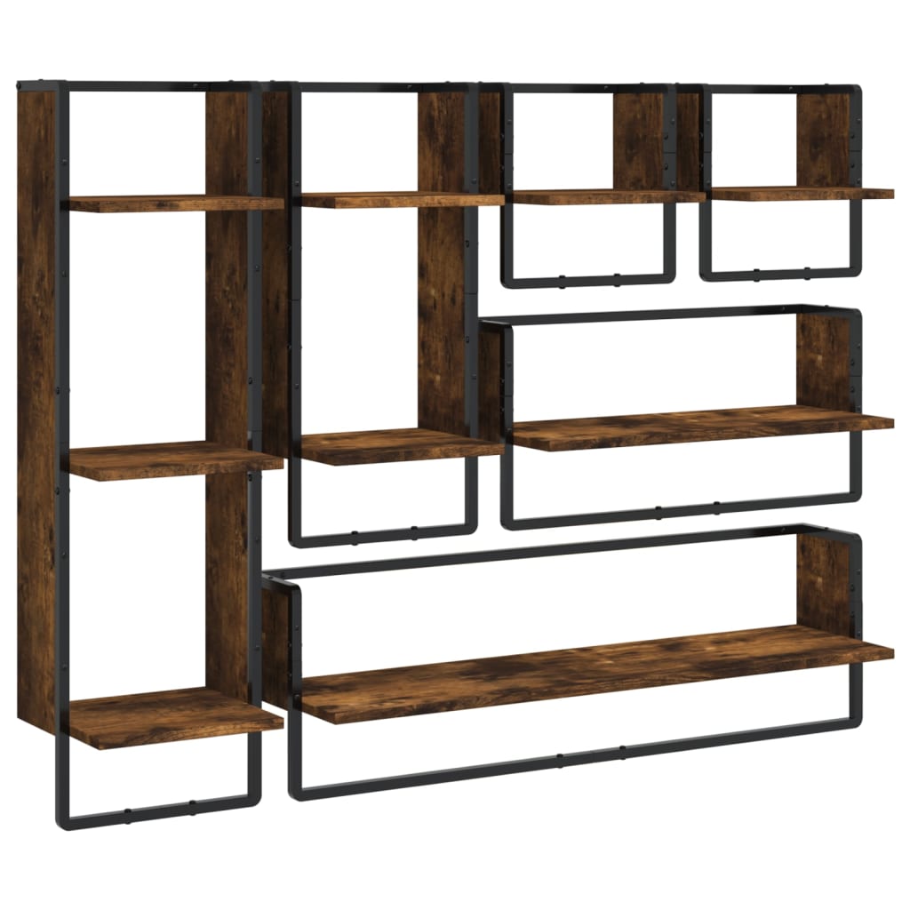 6 Piece Wall Shelf Set with Bars Smoked Oak Engineered Wood