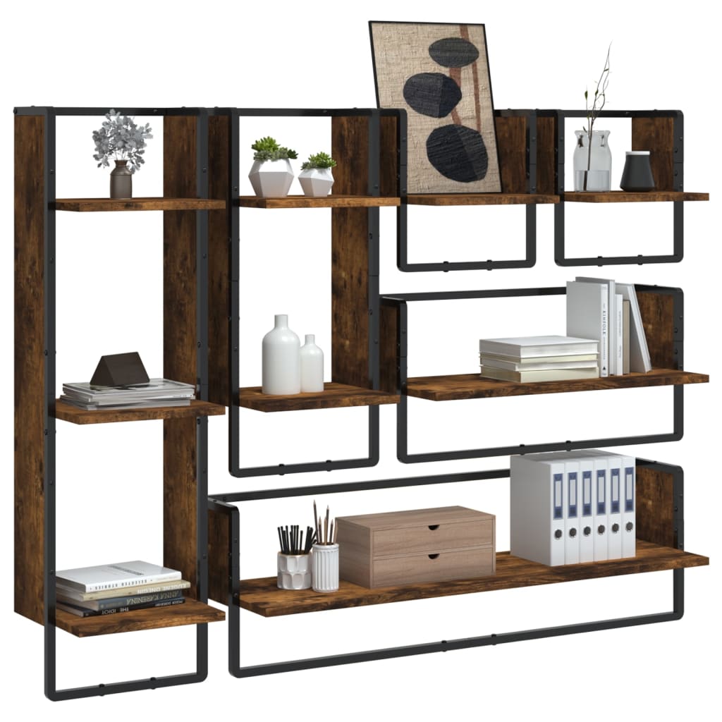 6 Piece Wall Shelf Set with Bars Smoked Oak Engineered Wood