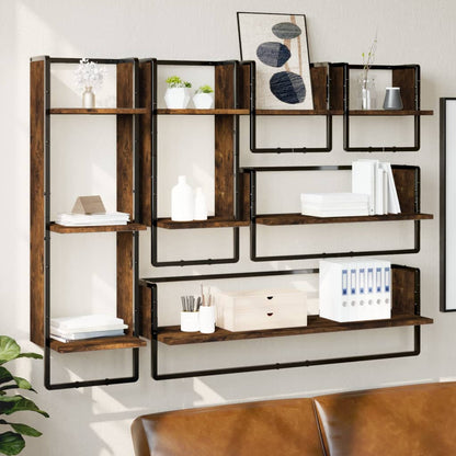 6 Piece Wall Shelf Set with Bars Smoked Oak Engineered Wood