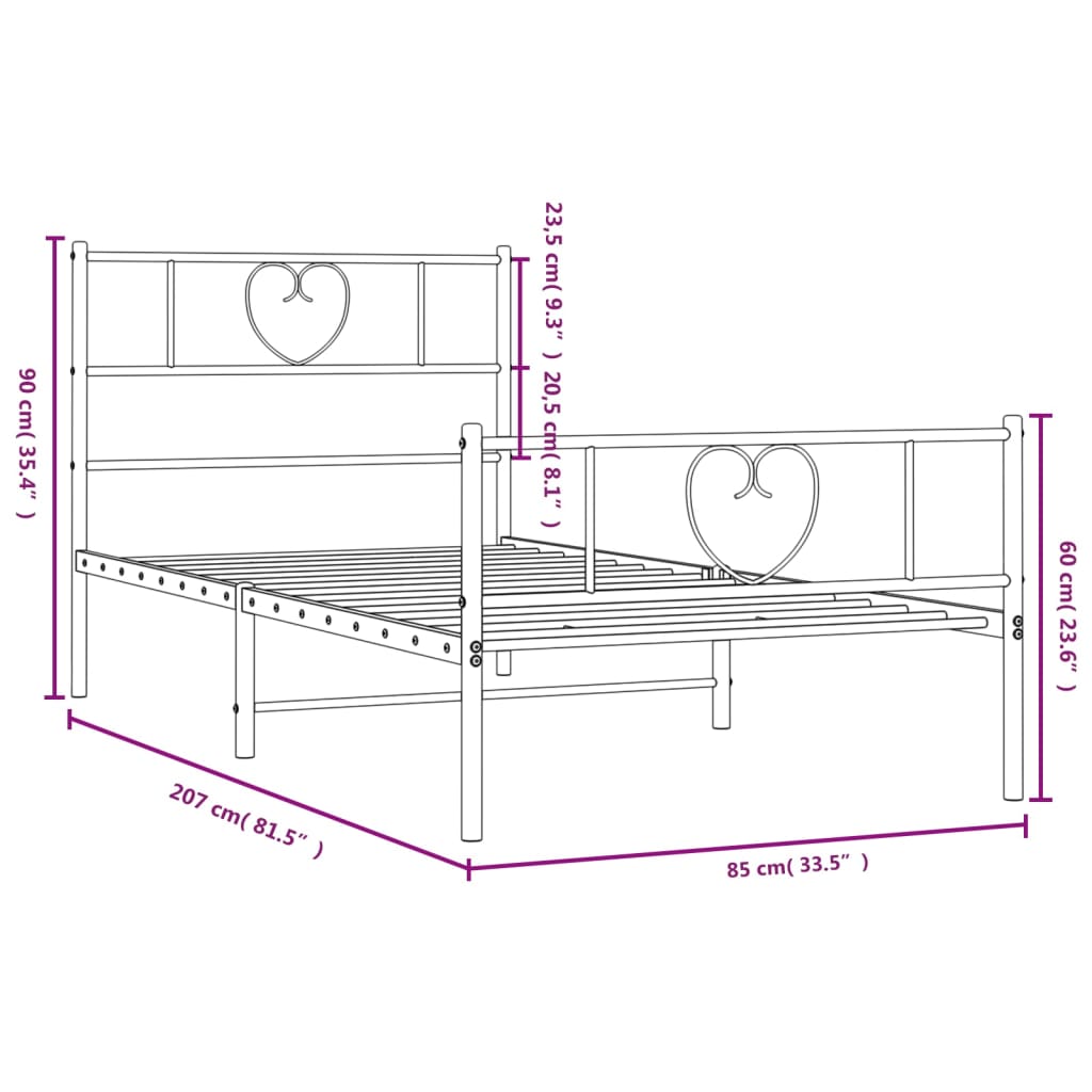 Metal Bed Frame without Mattress with Footboard White 80x200cm