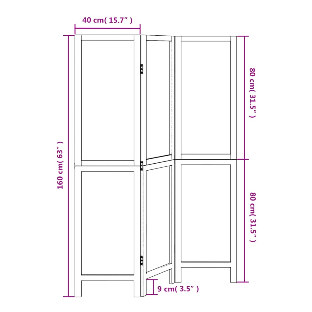 Room Divider 3 Panels Dark Brown Solid Wood Paulownia