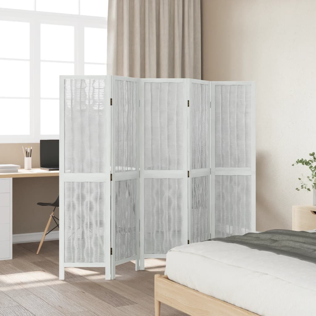 Room Divider 5 Panels White Solid Wood Paulownia