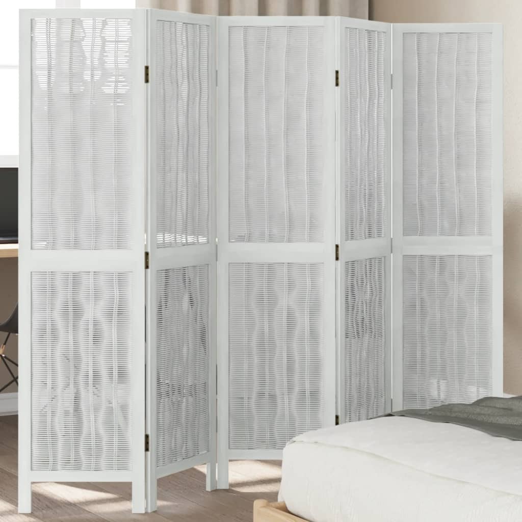 Room Divider 5 Panels White Solid Wood Paulownia