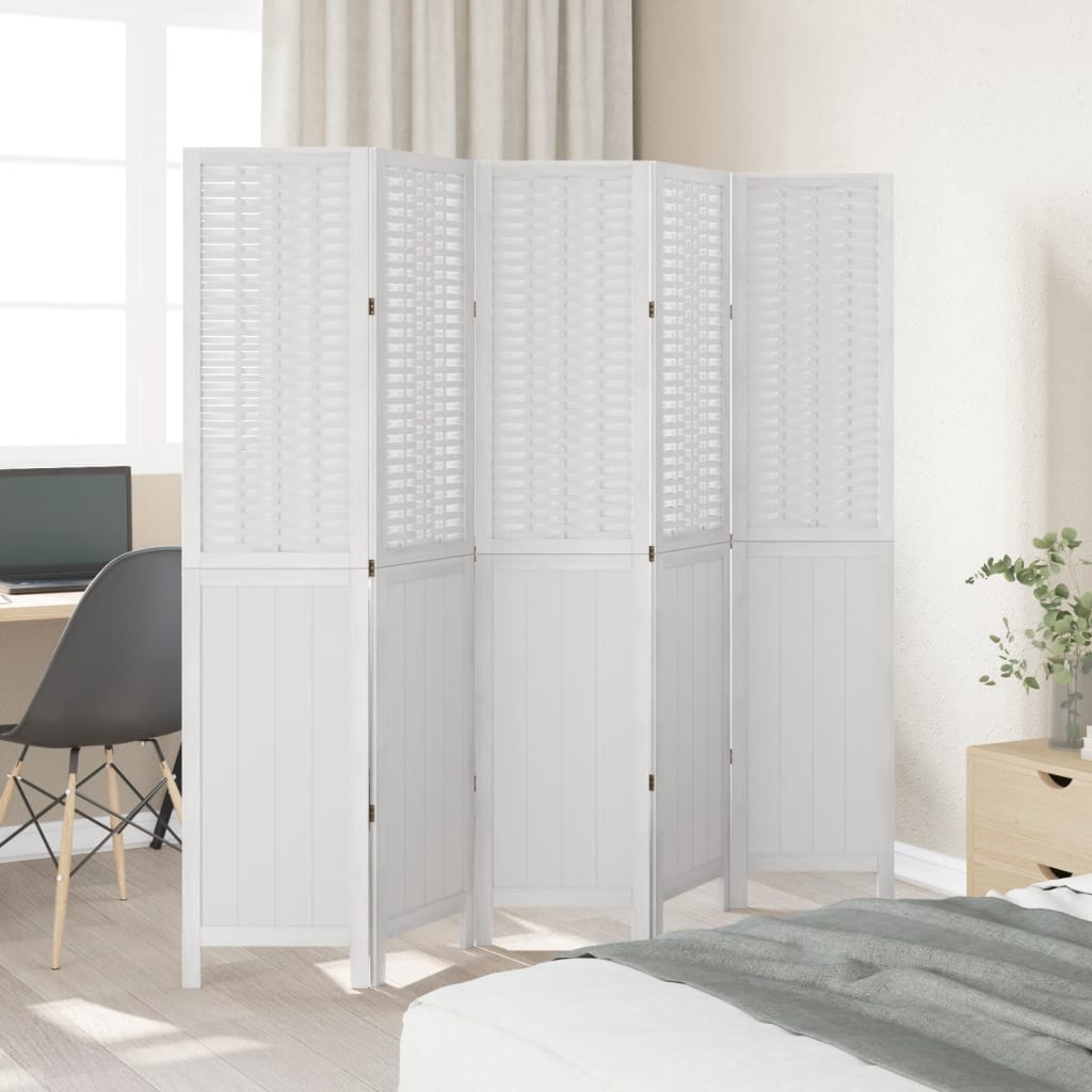 Room Divider 5 Panels White Solid Wood Paulownia