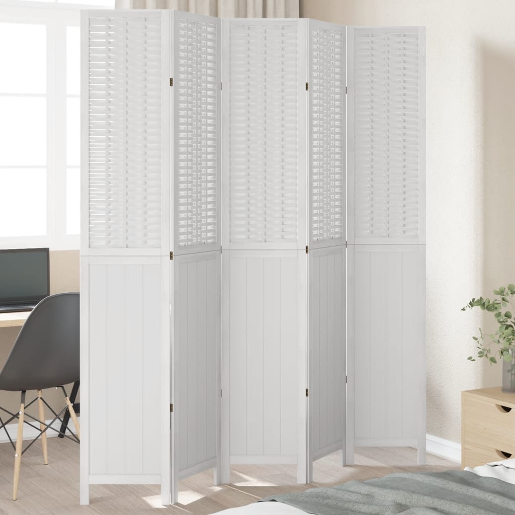 Room Divider 5 Panels White Solid Wood Paulownia