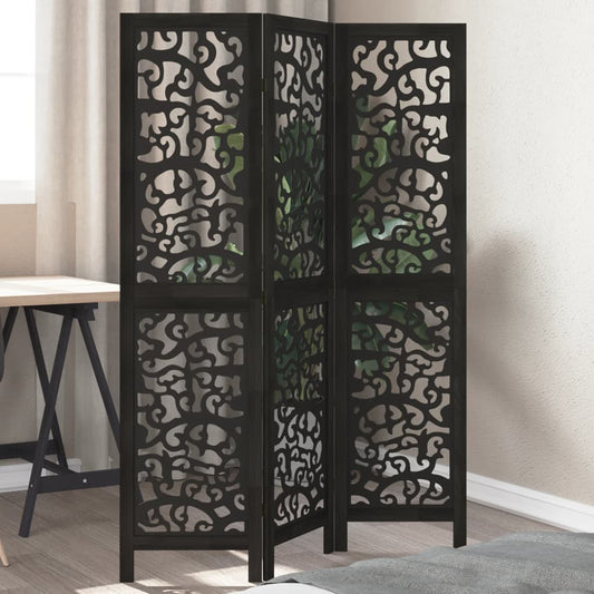 Room Divider 3 Panels Black Solid Wood Paulownia