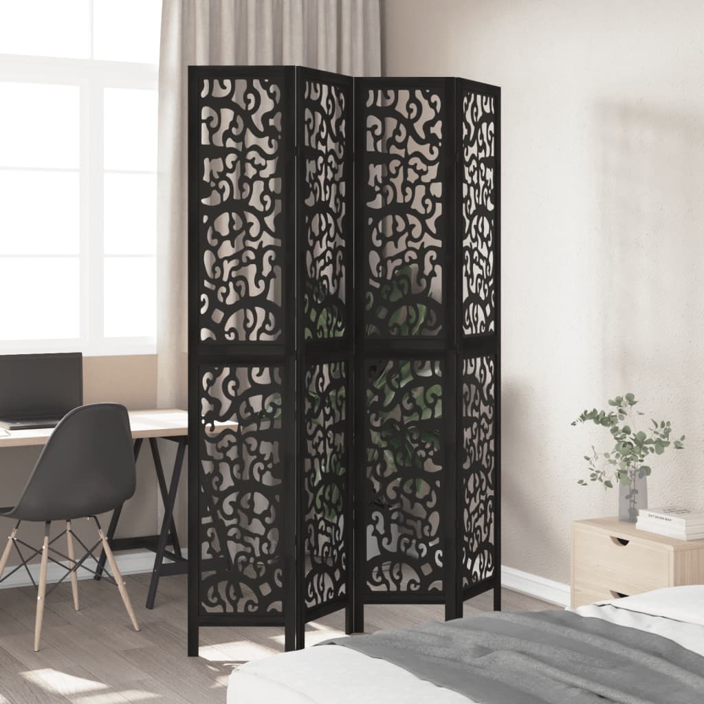 Room Divider 4 Panels Black Solid Wood Paulownia