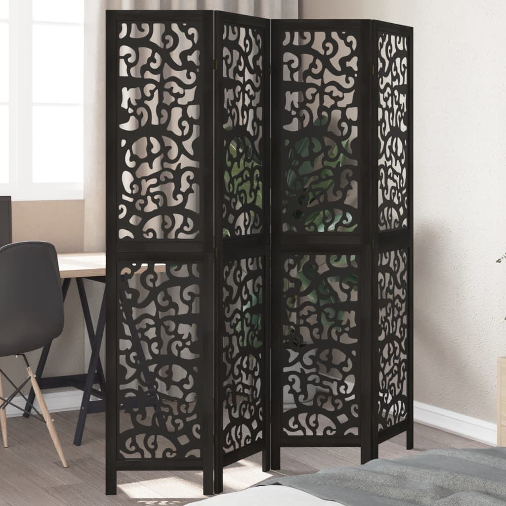 Room Divider 4 Panels Black Solid Wood Paulownia