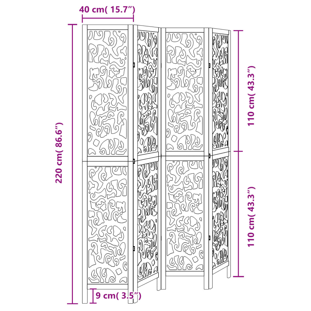 Room Divider 4 Panels Black Solid Wood Paulownia